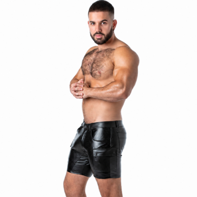 LOCKER GEAR - PUNCH HOLE LEATHERETTE CARGO SHORTS BLACK XL LOCKER GEAR - PUNCH HOLE LEATHERETTE CARGO SHORTS BLACK XL
